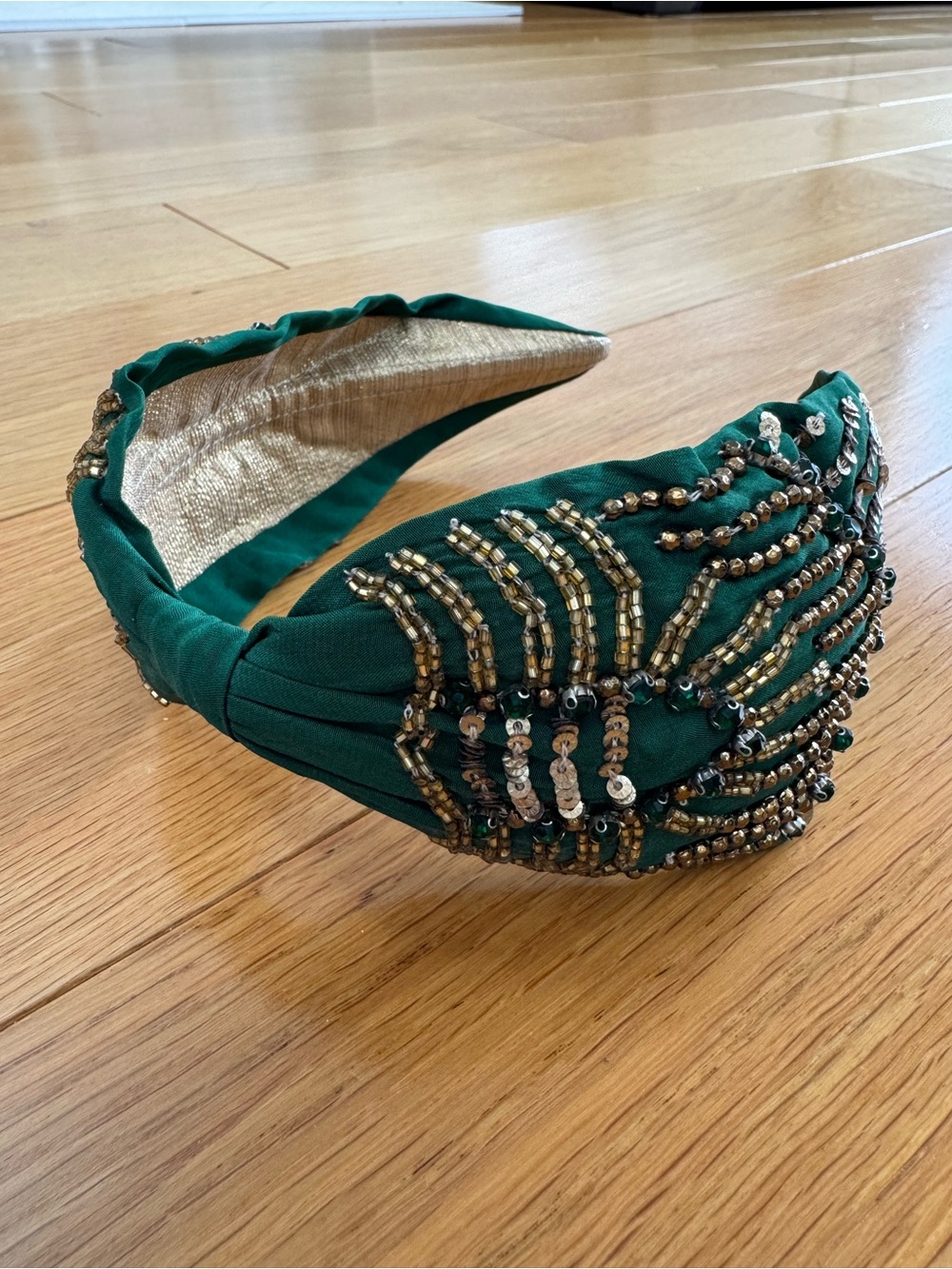 Namjosh Embellished Green Padded Headband with Gold Beading